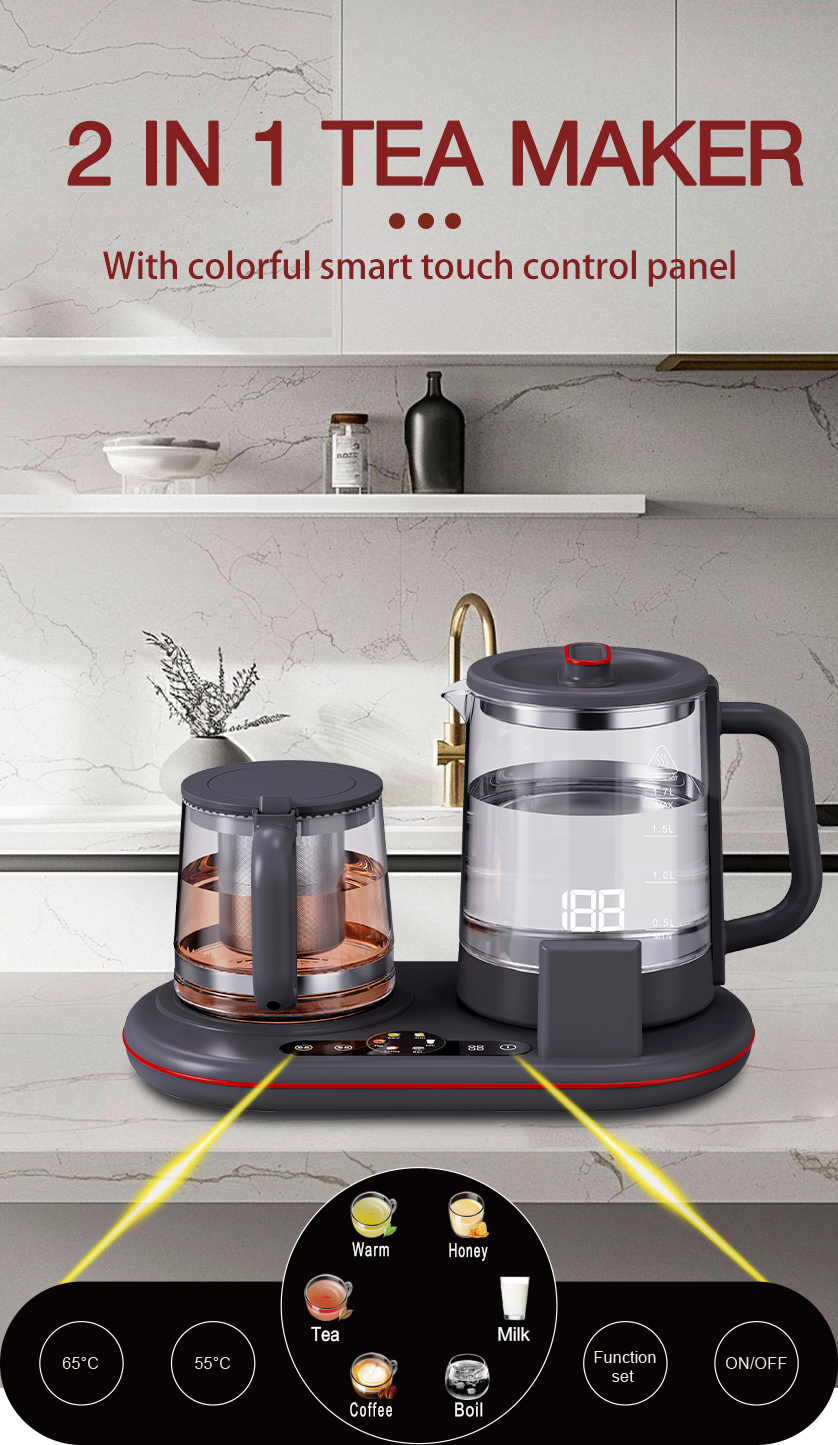 New Low Wattage Modern Keep Warm Tea Maker Machine Portable Thermopot Glass Hotel Kettle Tray Set 1.7L+1.1L Electric