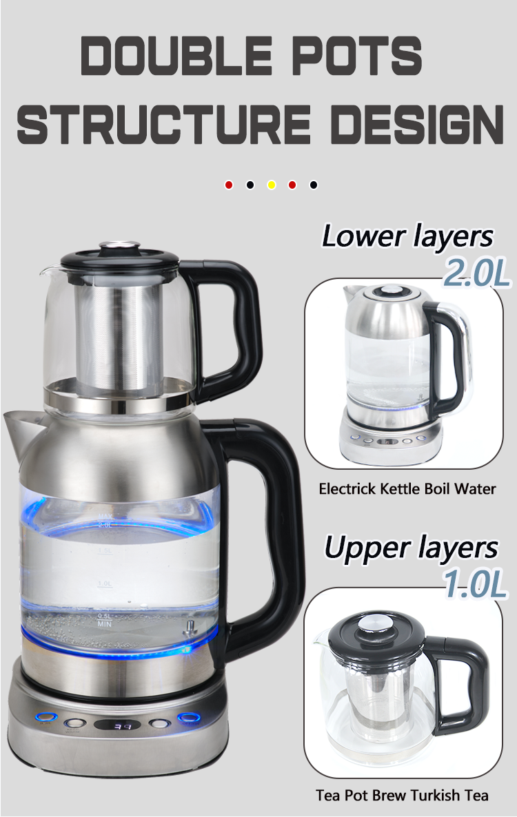 CE Led Display Temperature Control Turkish Tea Maker 2.0l Electric Tea Kettle With Filter Glass Tea And Coffee Maker 