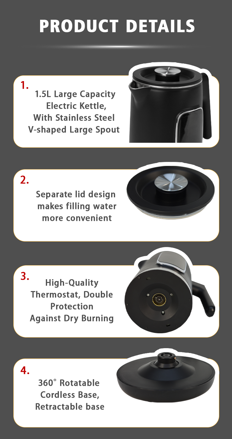 Multifunction Double Wall Kettle 1500W Fast Boiling Kettle with Automatic Keep Warm 304 Stainless Steel Inner Liner for Home Use