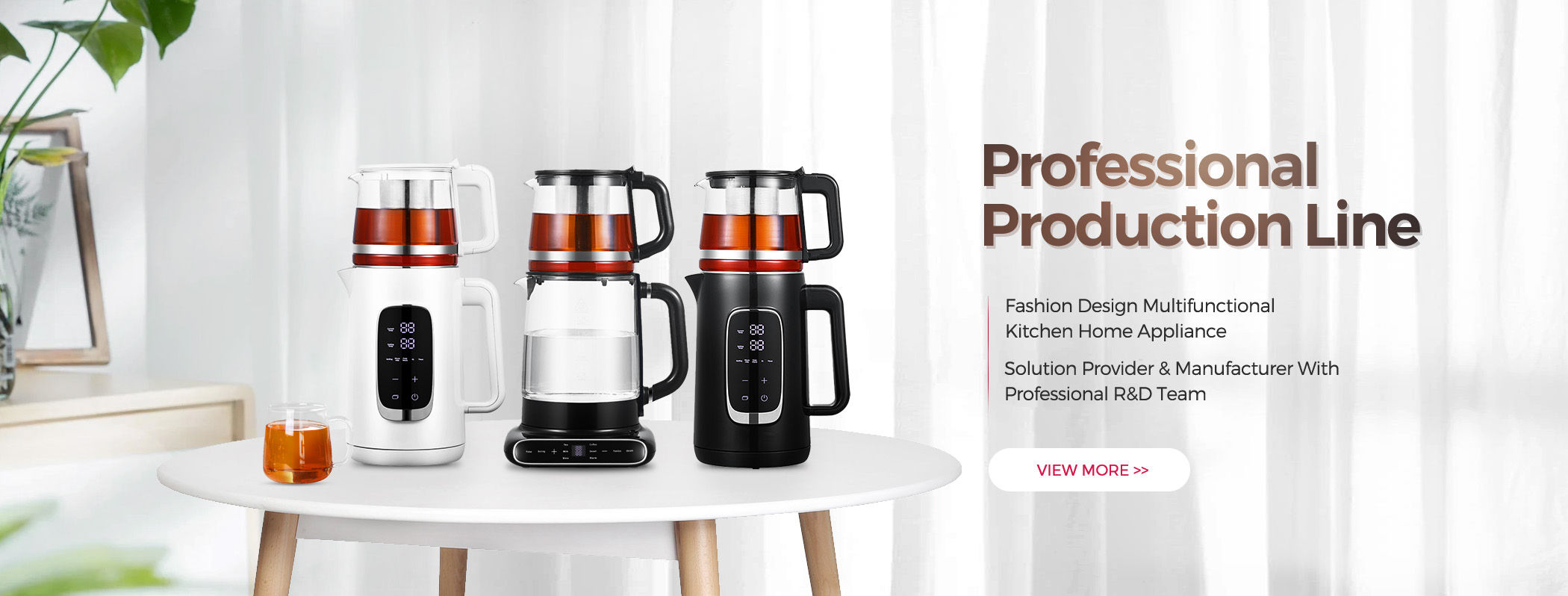 Banner of Zhongshan Yuekon Electrical Appliances Co., Limited showcasing their professional production line, fashion design multifunctional kitchen home appliances, and their role as a solution provider and manufacturer with a professional R&D team.
