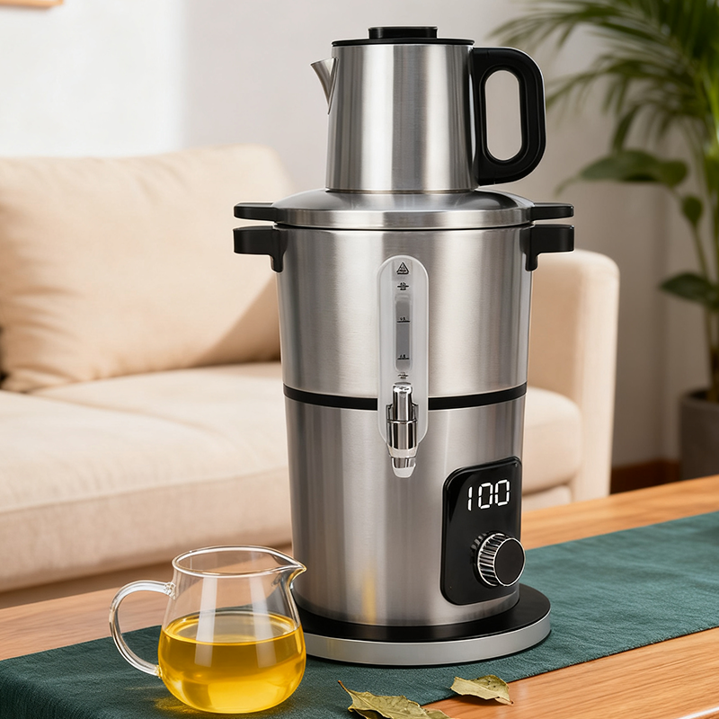 Home Appliances Double-layer Stainless Steel Electric Kettle Automatic Tea Maker Persian Samovar Tea Pot 2 in 1 Silver Samovar