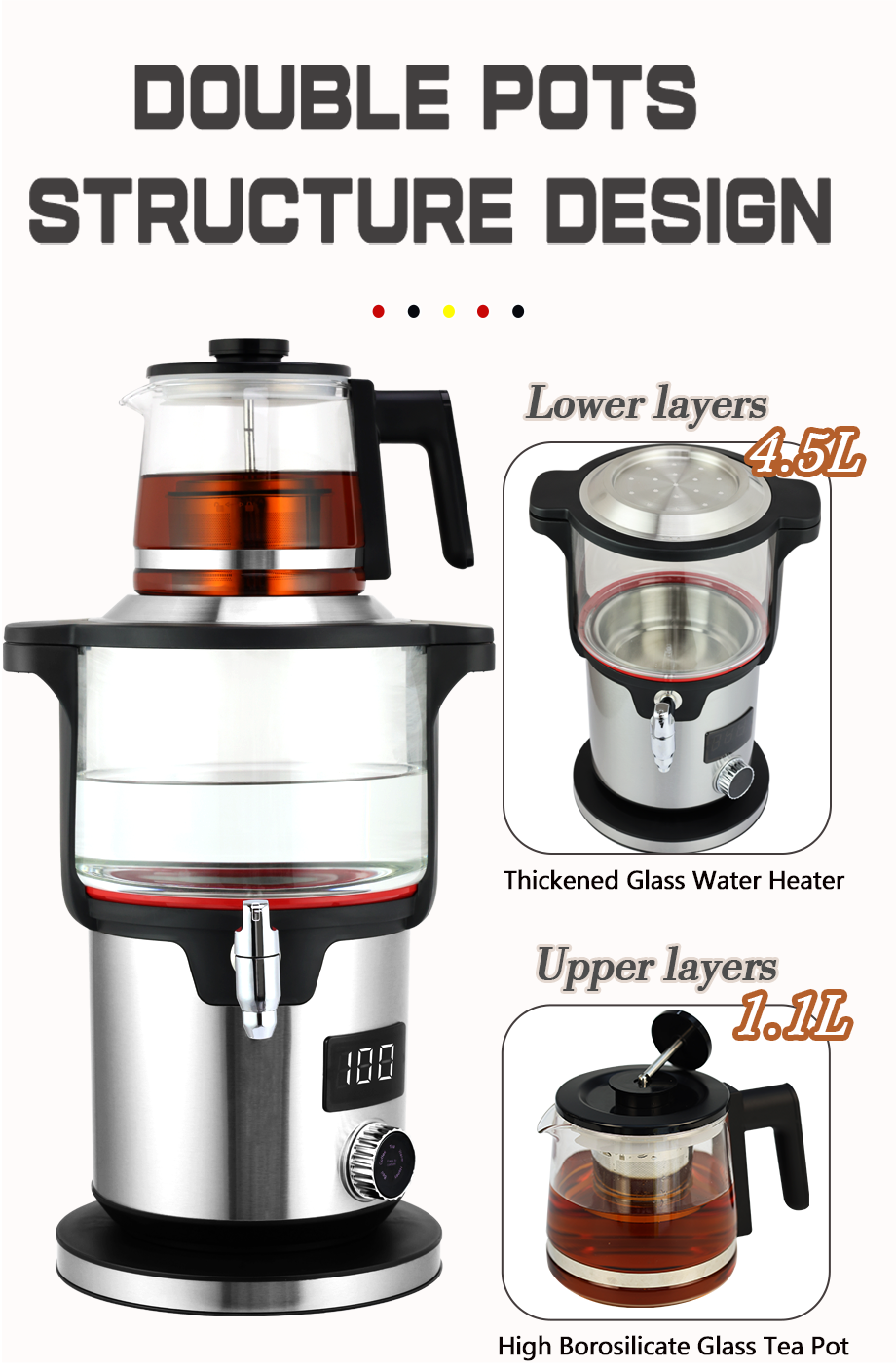 Electrical and Household Appliances 4.5L +1.1L Digital Electric Double Tea Maker Samovar Russian With Glass Teapot