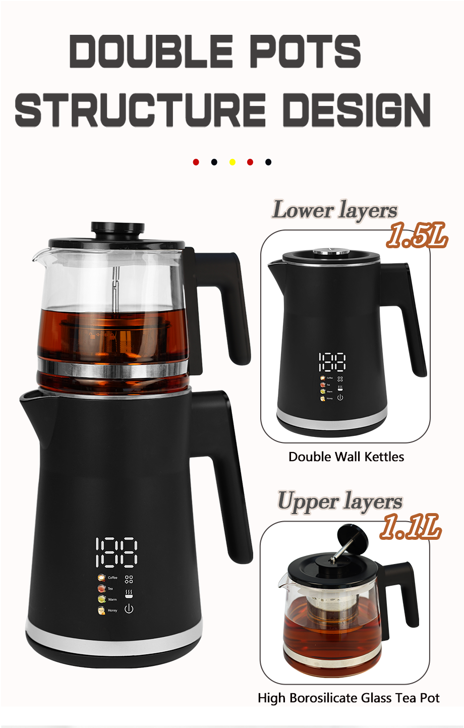 Factory Wholesale Strix Thermostat Kettles 1500W Electric Water Kettle and Tea Maker Set With Touch Control Display Keep Warm