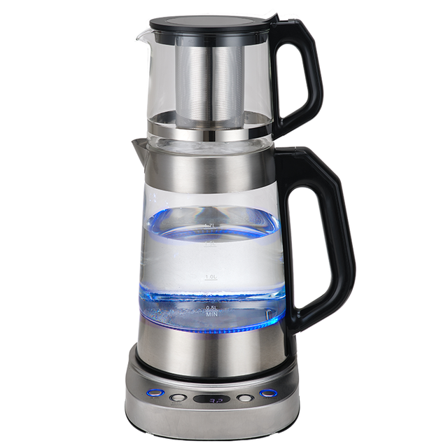 Middle East Saudi Arabia Samovar New Type1.7l+1.0l Stainless steel Turkish Tea Maker With Glass Teapot Electric Kettle
