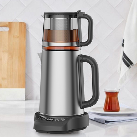 New Arrival 1500W 304 Stainless Steel Turkish Glass Electric Kettle 2 in1 Samovar Tea Maker Machine With Touch Screen Base