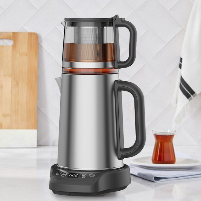 New Arrival 1500W 304 Stainless Steel Turkish Glass Electric Kettle 2 in1 Samovar Tea Maker Machine With Touch Screen Base