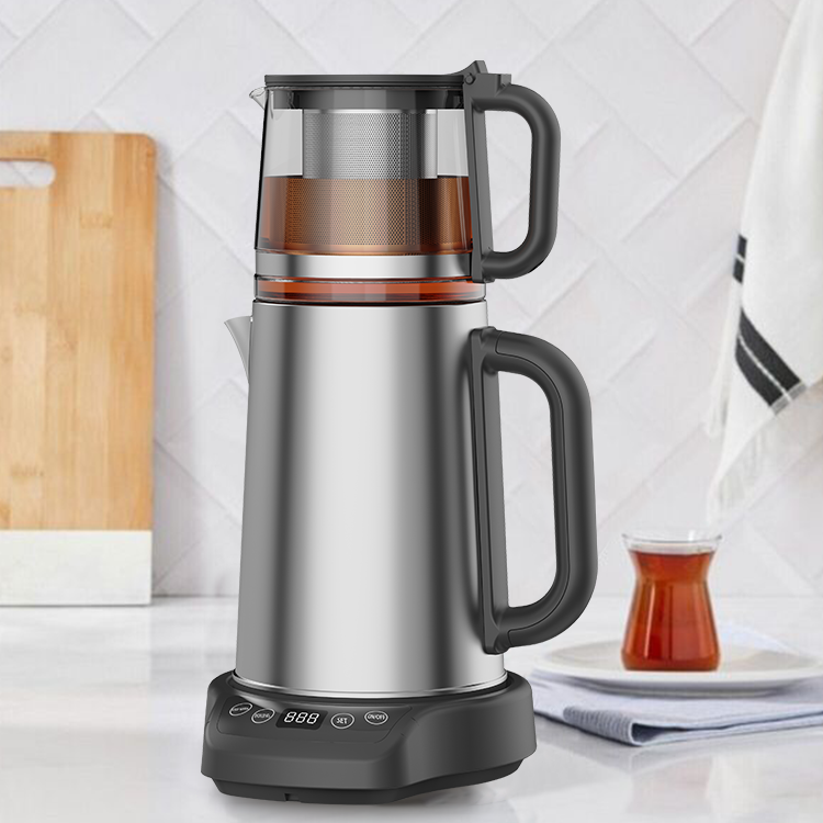 New Arrival 1500W 304 Stainless Steel Turkish Glass Electric Kettle 2 in1 Samovar Tea Maker Machine With Touch Screen Base