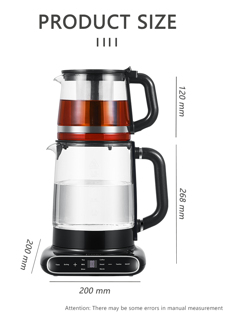 Kitchen Appliance Smart Automatic Turkish Tea Tray 1.5L Electric Glass Kettle with Tea Filter 1.1L Tea Infuser Pot