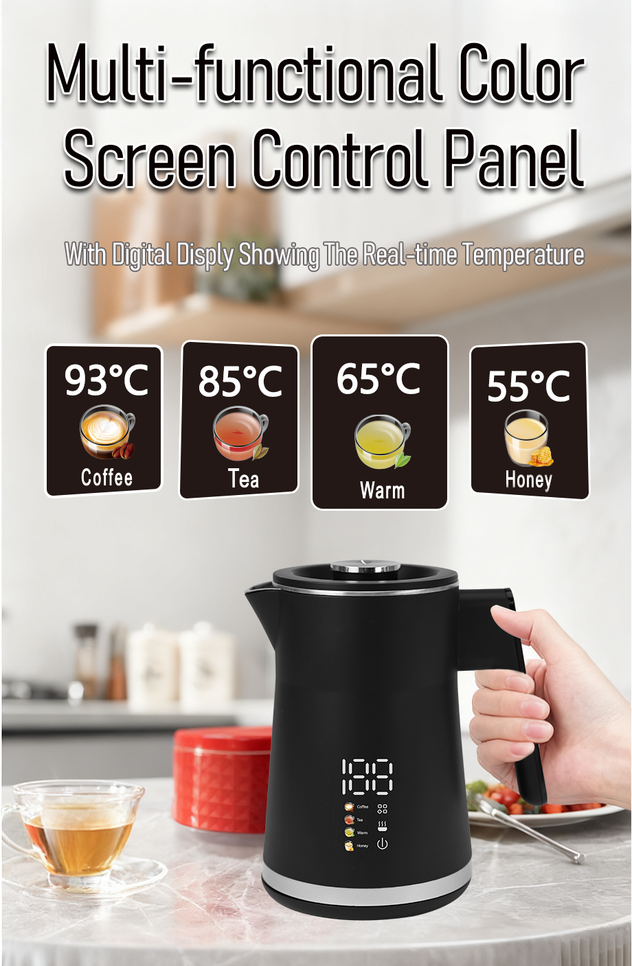 Factory Wholesale Strix Thermostat Kettles 1500W Electric Water Kettle and Tea Maker Set With Touch Control Display Keep Warm