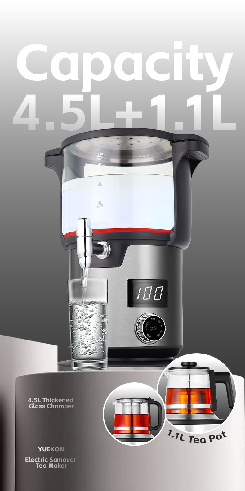 2000W High-Speed Heating Turkish Samovar Kettle and Glass Teapot Heat Resistant Digital Multi-Temperature Control for Tea/coffee