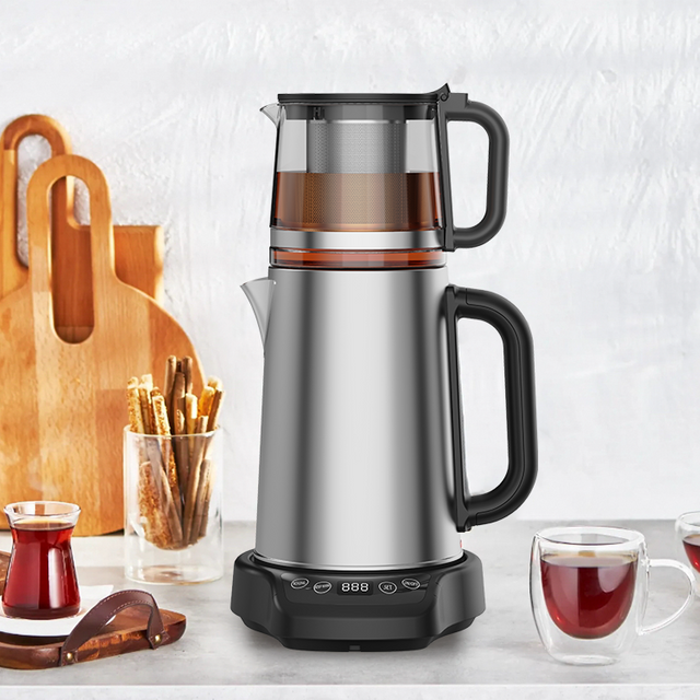 Home Appliance Oem Custom Electric Glass Kettle Tea Set Turkey Tea Maker Machine 2.0L+1.1LDouble Stainless Steel Kettles and Teapot 
