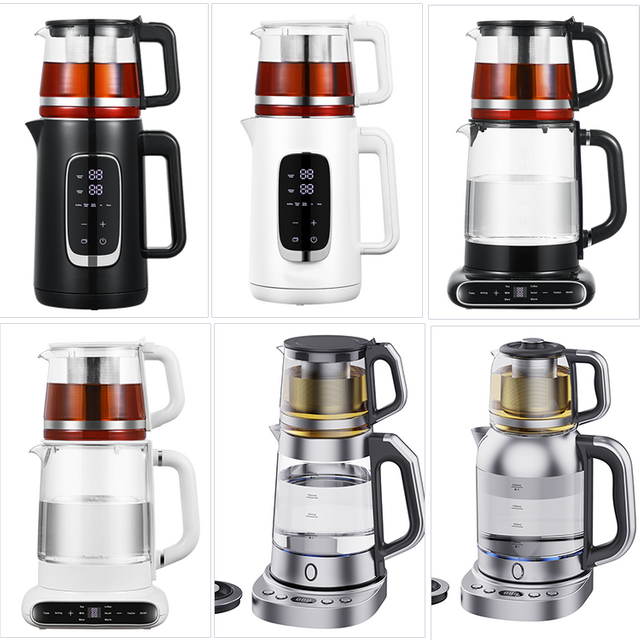 YUEKON Water Boiler 1.7L Tea Maker Electric Russian Samovar Turkish Double Tea Maker Stainless steel With 1.0L Tea Pot