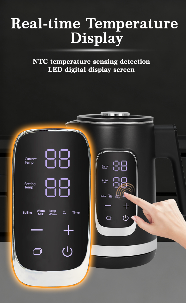 Factory OEM 1500W High-Power Boiling Stainless Steel Kettle Black Digital Control Electric Kettle With Dry-Boil Protection