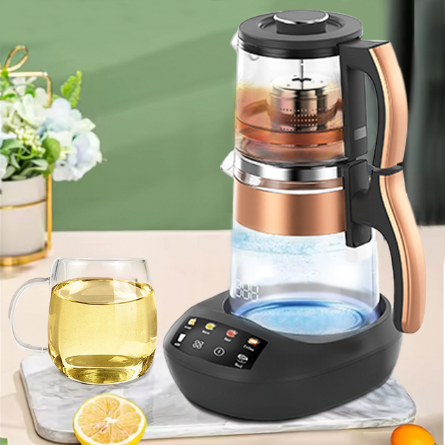 YK Smart Electric Turkish Tea Maker 2Tier Electric Tea Kettle Samovar Style Self-Filtering Double Glass Stovetop Water Heater