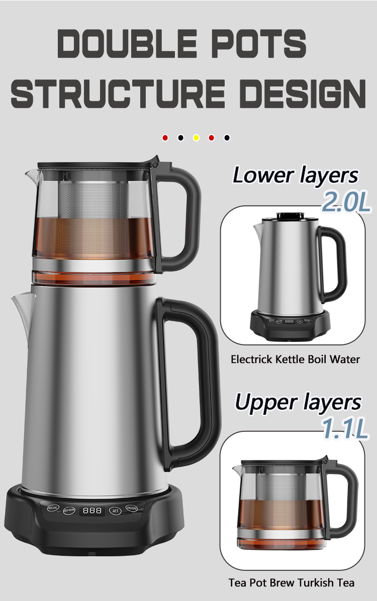 Kitchen Appliances 1500W Boil-Dry Protection Tea Maker Machine 2.0L+1.1L Double Layer Electric Kettle With Glass Teapot