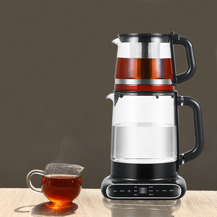 Kitchen Appliance Smart Automatic Turkish Tea Tray 1.5L Electric Glass Kettle with Tea Filter 1.1L Tea Infuser Pot