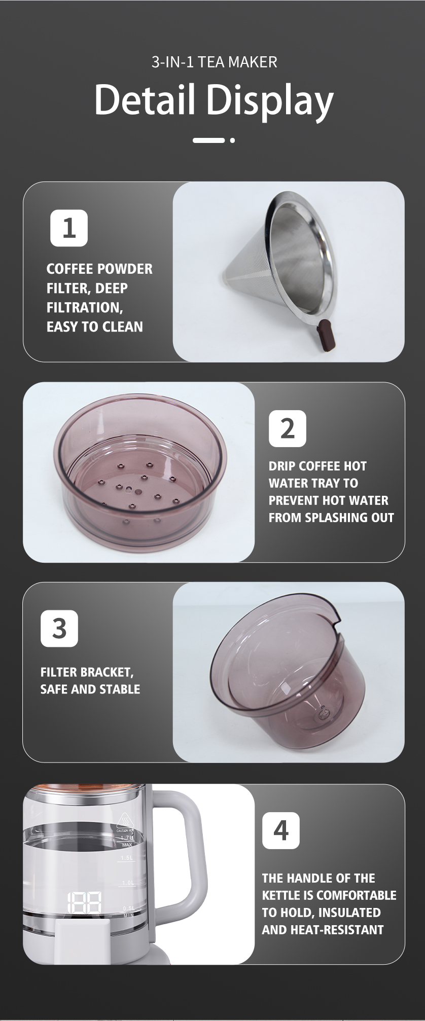 1500W Multifunctional Glass Kettle Smart Wireless Double Kettle Electric Teapot Coffee Pot Set Temperature Control Digital